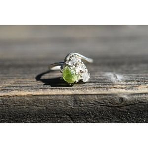 Raw Peridot and Diamond Engagement Ring, Raw Diamond Ring, Size 5 Engage…